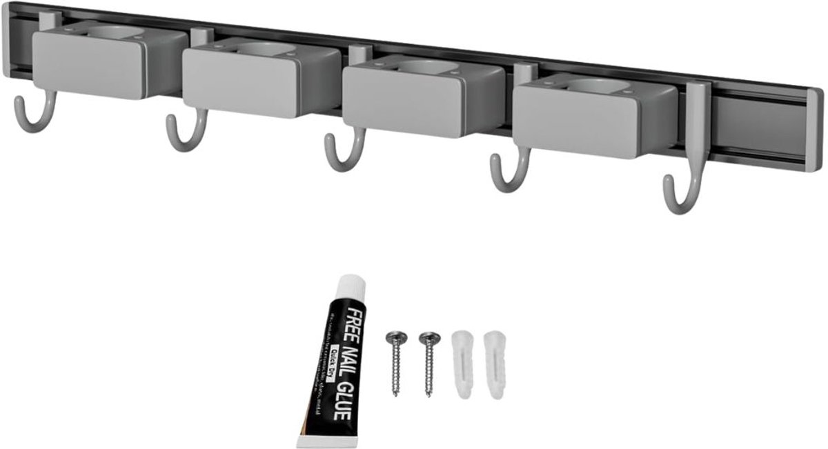 Calviero® Bezemhouder - Stoffer en blik met lange steel - Bezemhouder met ophangsysteem - Grijs - Antislip