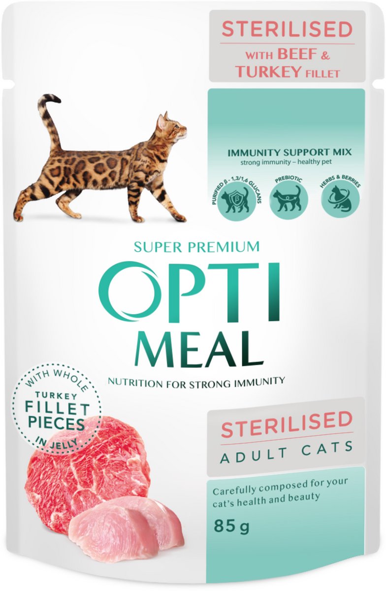 Optimeal Natvoer voor Gesteriliseerde Katten – Rund & Kalkoenfilet in Gelei – Super Premium Kattenvoer – 12x85g