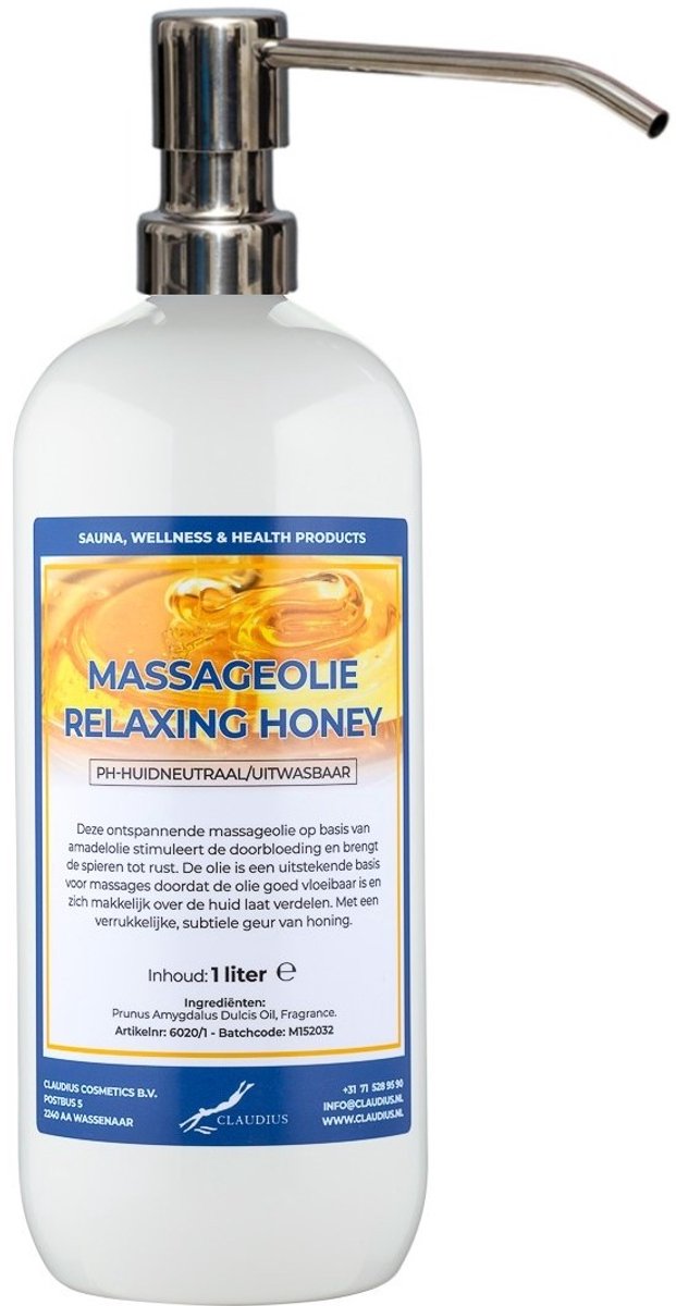 Massageolie Relaxing Honey 1 liter met zilveren pomp - 100% natuurlijk - biologisch en koud geperst