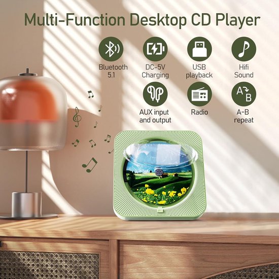 KZQ Draagbare cd speler - Bluetooth speler - Wandmontage - Oplaadbaar - Ingebouwde hifi-luidsprekers - Met afstandsbediening - LCD-scherm - Ondersteunt cd-/aux-/usb-ingang - Geschikt voor thuis en in de auto - Matcha groen van kzq — afbeelding 3