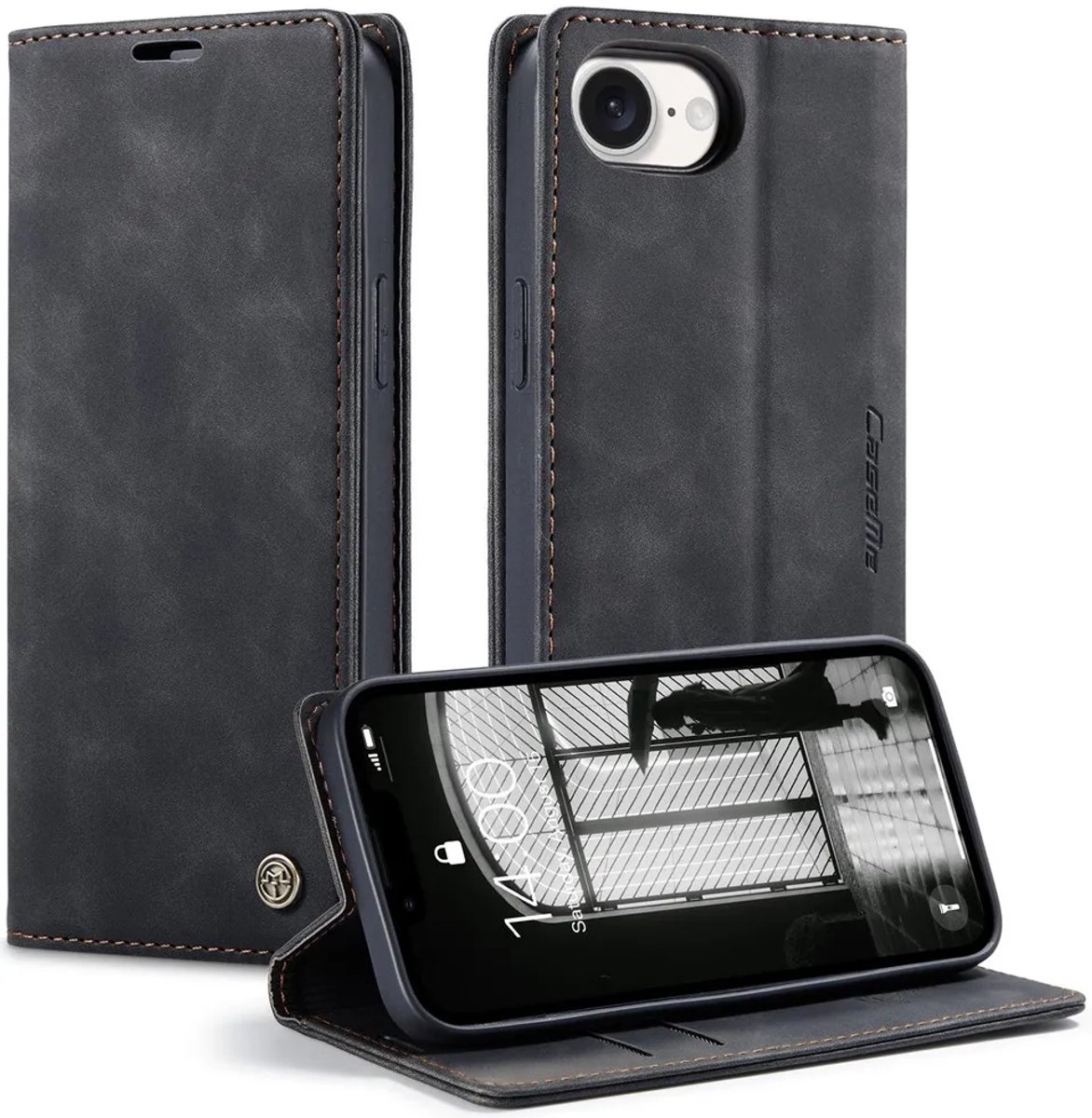 Hoesje geschikt voor Apple iPhone 17e/16e - CASEME Retro Texture Book Wallet Case - Zwart