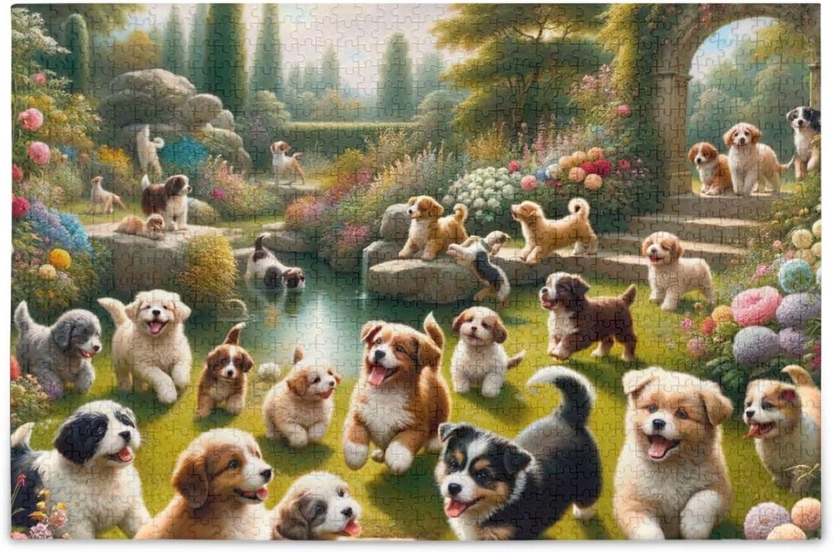 1000 Stuks Puzzel Speelse Honden Met Bloemen Stevige 2mm Puzzel Stukken Leuke Familie Activiteit