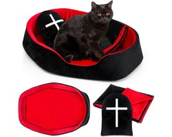 3 Piece Gothic Coffin Cat Bed Set with Chest Cat Bed Black Tombstone Pillow Red and Black Blanket Gothic Pet Furniture Cat Activity Center for Halloween