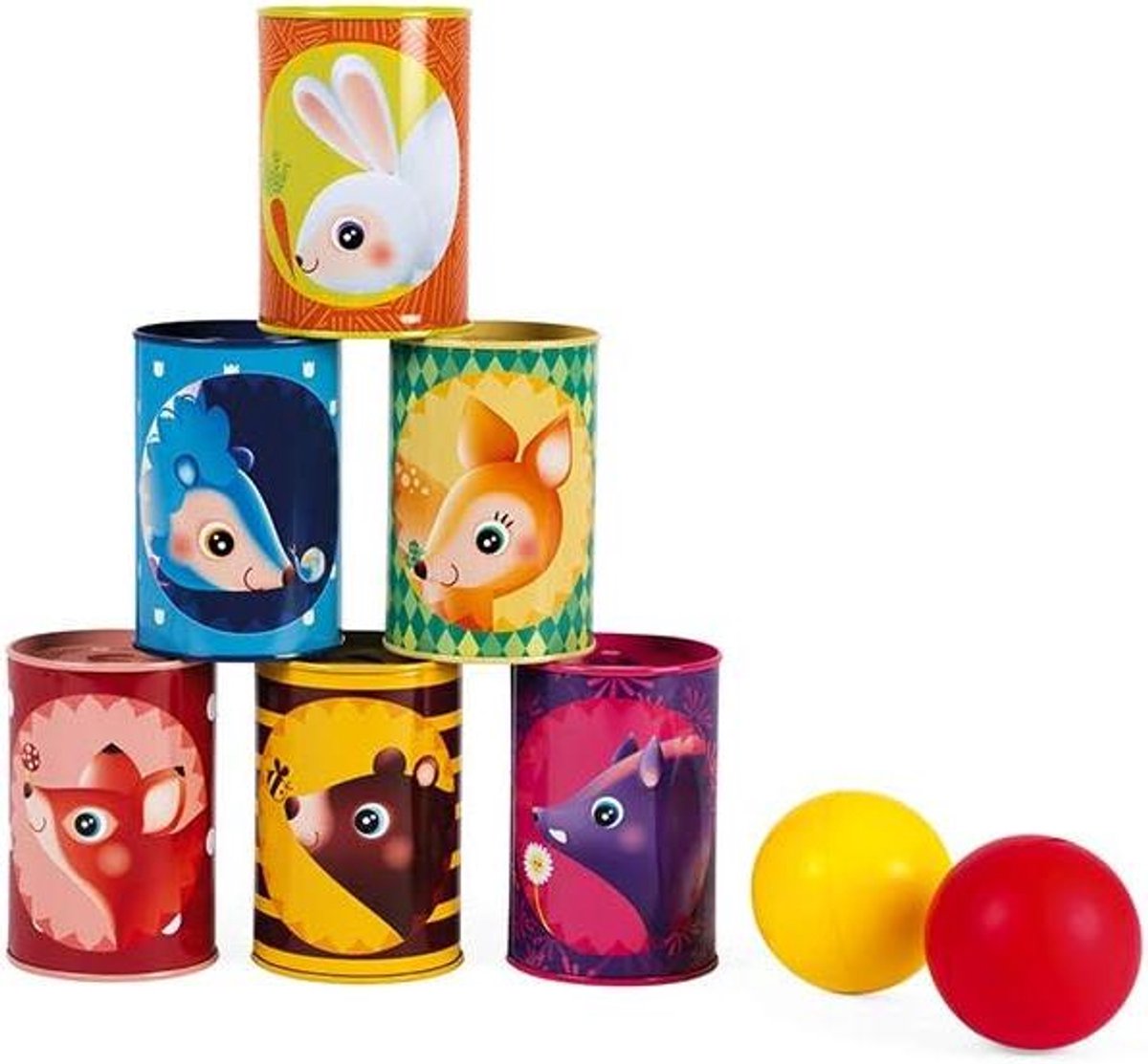 Tafelspel Bos Dieren - Blik Gooi Spel - Buiten Spelen - 6 Metalen Blikken - 6.5x6.5x10 cm - Multicolor