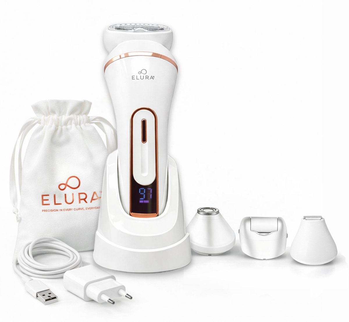 4-in-1 Ladyshave voor Vrouwen – Scheerapparaat Dames & Bikinitrimmer – Epileerapparaat – Gezicht, Oksels, Benen, Intieme Zones – Waterdicht Oplaadbaar – 4 Opzetstukken – Elura®