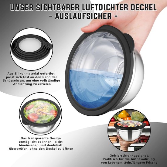 Mengkom set - Keukenbakken - Ingrediënten mengen - Met raspopzetstukken - 5 maten 4.6L - Zwart — afbeelding 3
