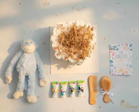 Luiertaart Blauw 36 stuks - kraamcadeau - Hawsaz.nl Cadeau -Originele Babycadeau's - 26 luiers - Babycadeau - Geboortekaartje - Babygeschenkset - Knuffel - Babyshower - Gepersonaliseerde cadeaus - Babyverzorging van Luiertaart — afbeelding 2