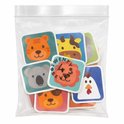 Zak met twaalf kleurrijke dierenstickers: tijger, koe, leeuw, kip, koala, hond.