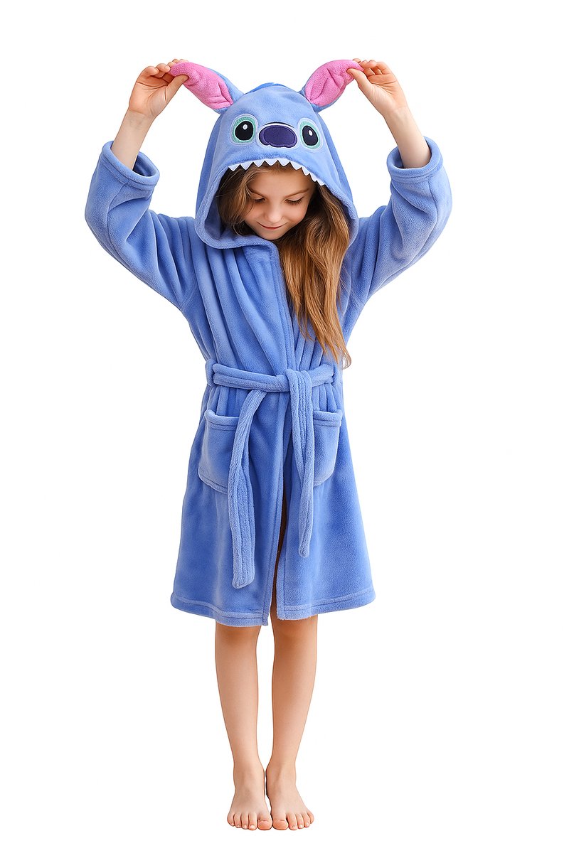 BoefieBoef Kinderbadjas Blauwe Stitch – Ochtendjas & Pyjamajas voor Jongens en Meisjes – Zacht Flanel – 5-10 Jaar Lengte 120-140 cm