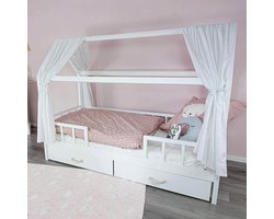 Puckdaddy house bedgordijn Linnea - 146 x 298 cm, set van 2 stoffen luifels van 100% katoen in het wit met stippenpatroon, hoogwaardig bedgordijn voor de kinderkamer