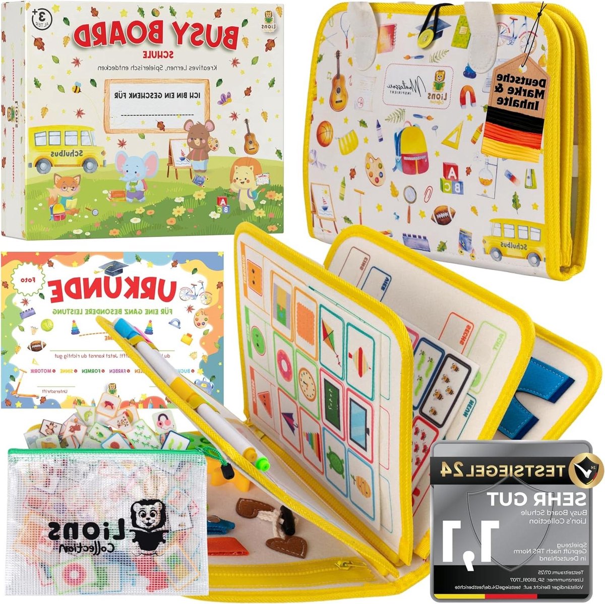 Lion's Collection Busy Board German - Montessori Toy from 3 Years to Promote Motor Skills and Creativity - Busy Book & Quiet Book on 8 Pages