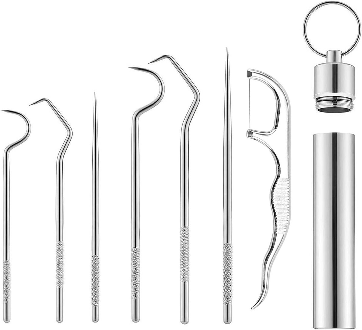 7-pack herbruikbare roestvrijstalen tandenstokers, ideaal voor buitenactiviteiten, picknicks en kamperen