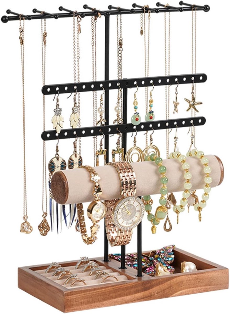 Sieradenstandaard met houten basis, 5 niveaus voor het opbergen van oorbellen, kettingen en armbanden, perfect voor organisatie en presentatie van sieraden