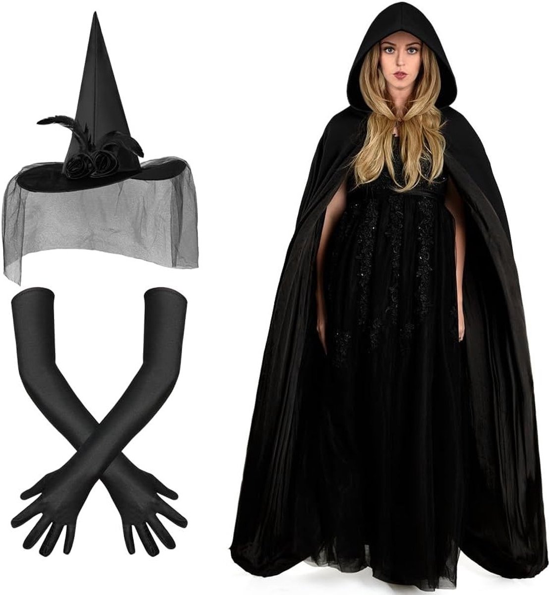 Heksen Cape met Kap voor Halloween, Lange Zwarte Cloak met Hoed en Handschoenen, 3-delig Kostuum voor Feestjes en Verkleedpartijen