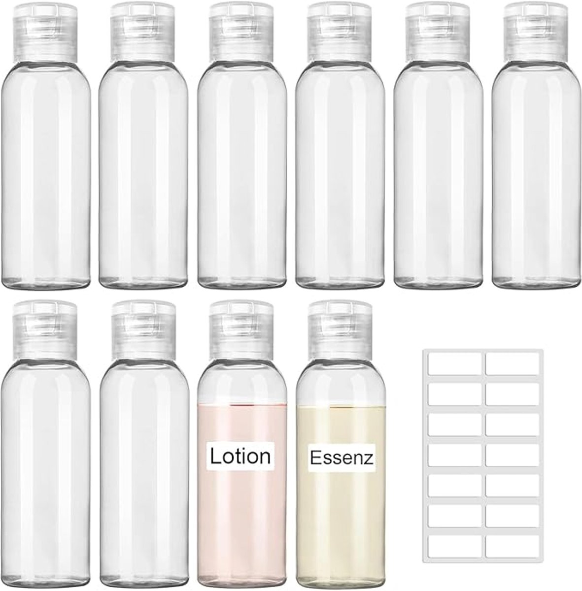 Twenty Two 15 stuks reisflessen 50ml met 1 etiketten stickers | reisset voor shampoo, lotion, parfum | reisartikelen | lekvrij | transparante reis flessenset