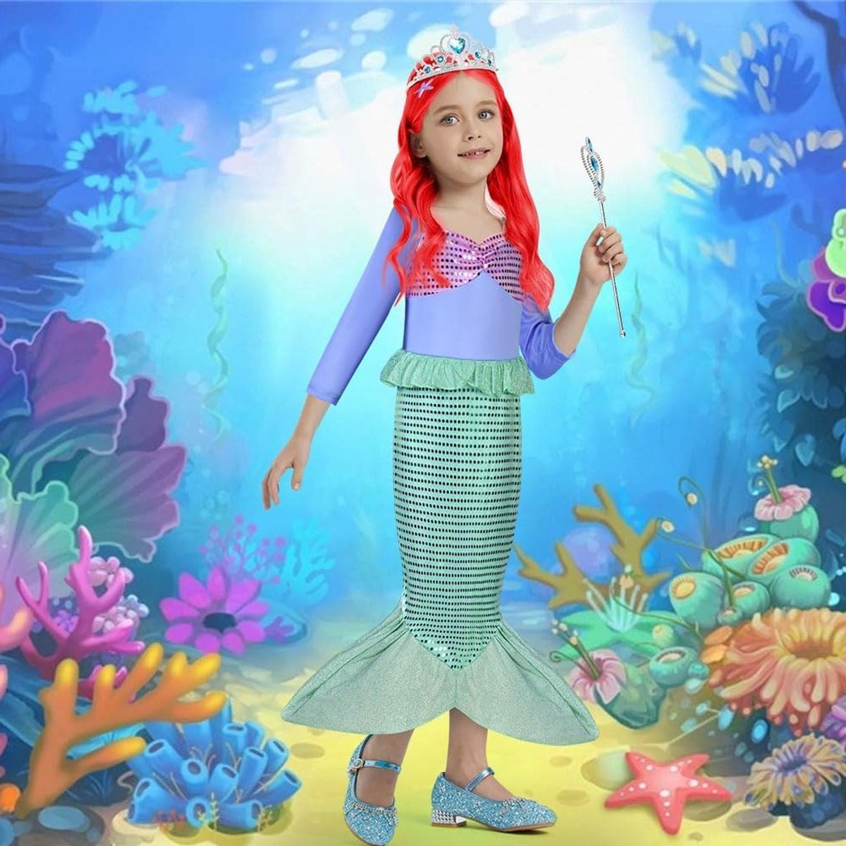 Mermaid Prinses Kostuum voor Meisjes met Accessoires en Pruik, Feestoutfit voor Halloween en Verkleedpartijen, Glanzende Zeemeermin Jurk voor Kinderen