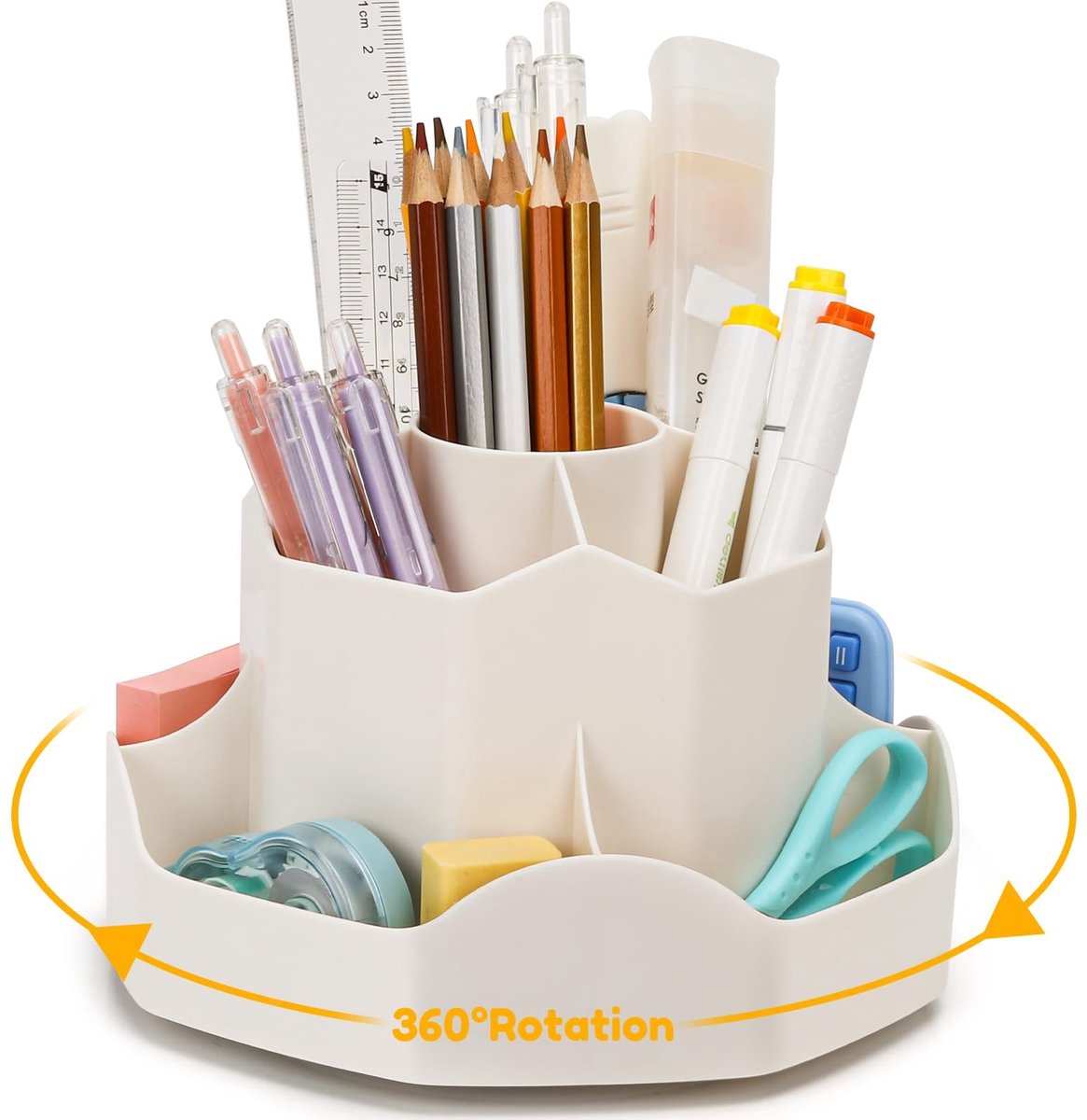 Dailygoods - Dailygoody - Roterende Potlood- en Pennenhouder - Bureau-organizer met Compartimenten - Beige - Make-up Organizer - Ruimtebesparende Potloodhouder - G
