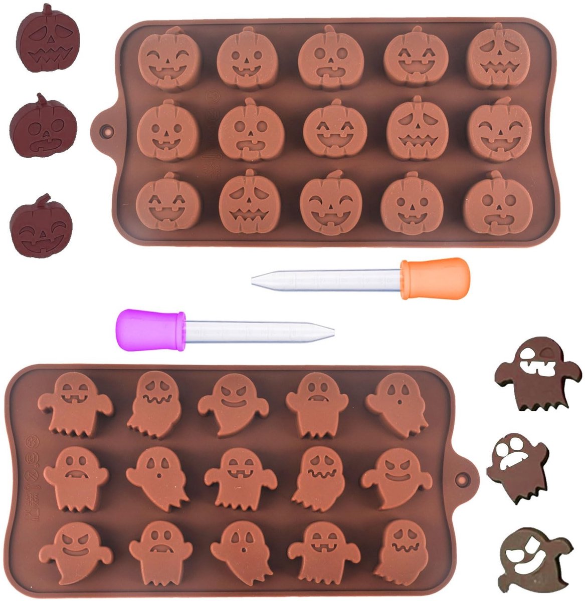 Dailygoods - Dailygoody - Halloween siliconen mallen - Pompoen en geest - Herbruikbaar en flexibel - Bruin - Chocolade en snoep mallen - Perfect voor Hallowee