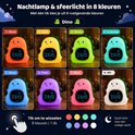 Nachtlamp dino in 8 kleuren: rood, geel, groen, turquoise, blauw, paars, roze, wit. Met digitale tijdsaanduiding.