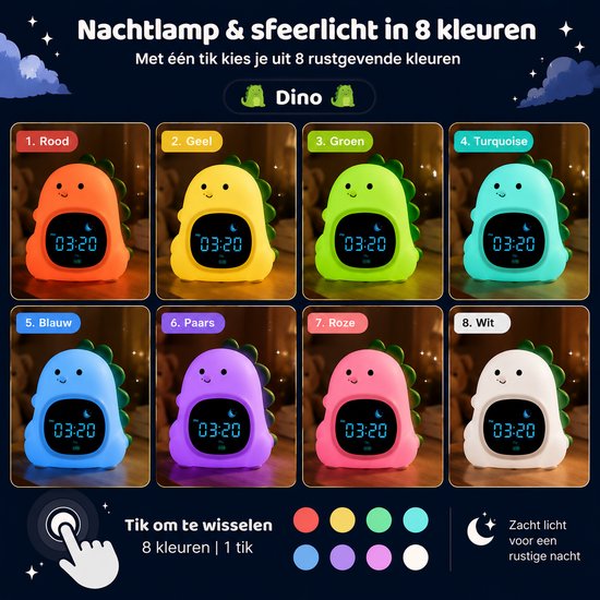 Nachtlamp dino in 8 kleuren: rood, geel, groen, turquoise, blauw, paars, roze, wit. Met digitale tijdsaanduiding.