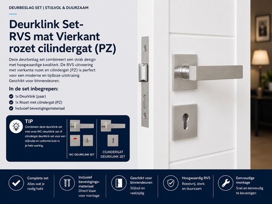 Deurklink set RVS met vierkante rozet en cilindergat (PZ) op witte deur.