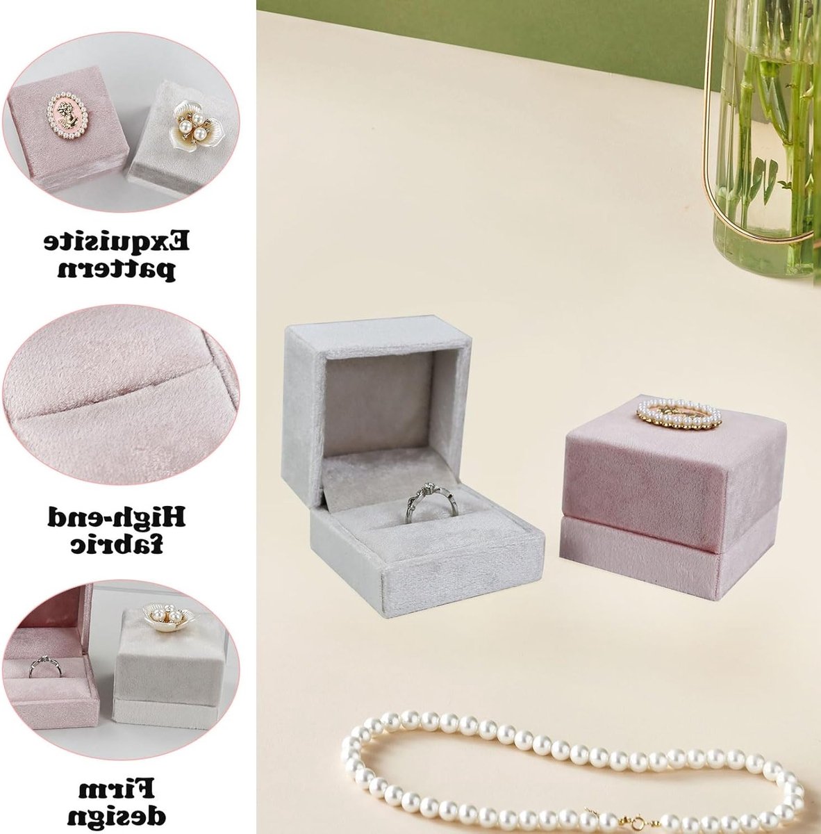 Vintage Ringdoos van Flanel voor Trouwen en Verloving - 6x6x5cm, Roze, Luxe Ring Box voor Ceremonies en Dagelijks Gebruik