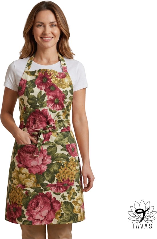Tablier avec imprimé floral bordeaux et jaune, avec ceinture à nouer et poches.