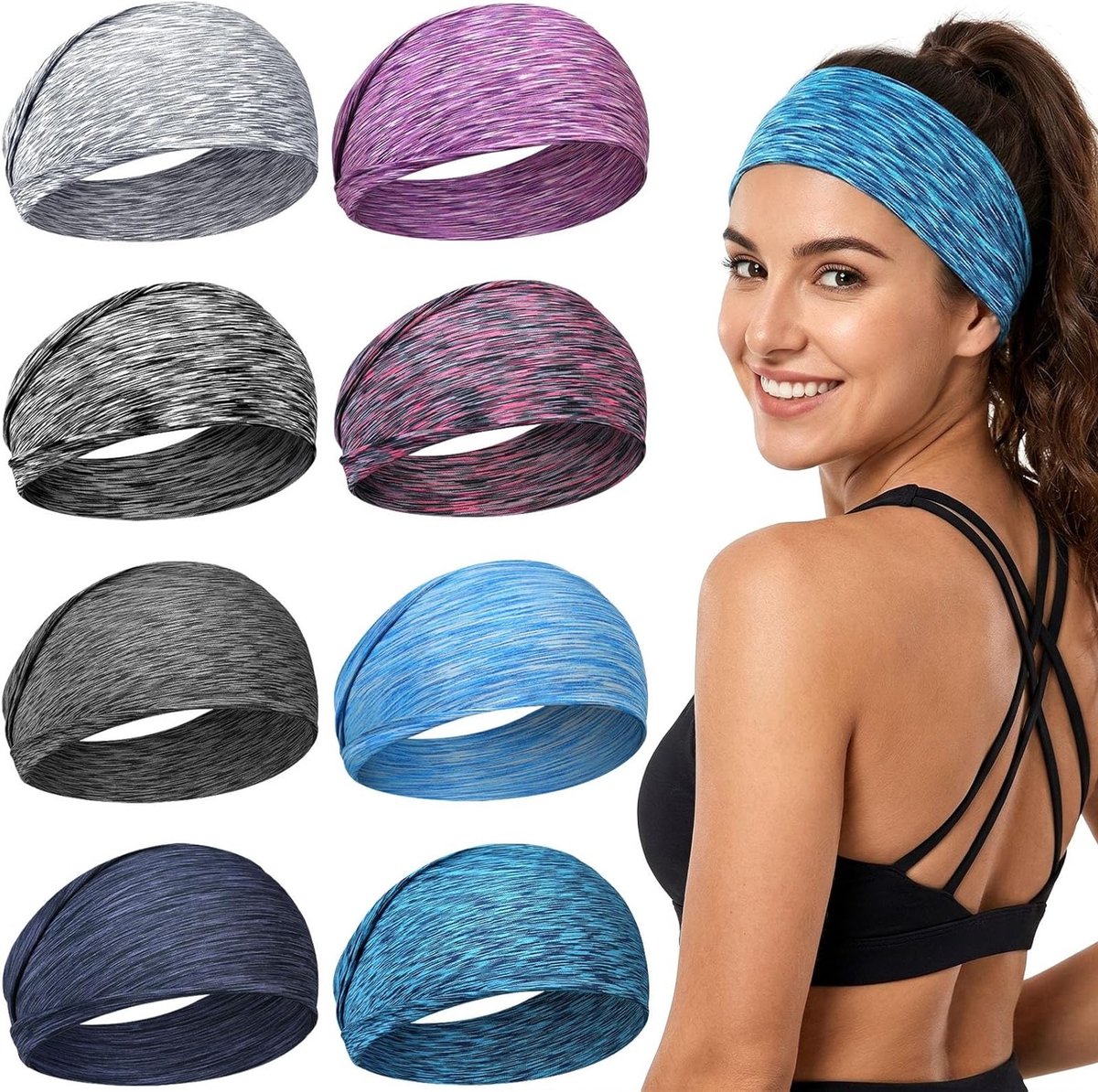 Hoofdband voor dames, 8 stuks, meerkleurig, zachte en elastische haarbanden, antislip en zweetafvoerend voor yoga, hardlopen en fitnessactiviteiten