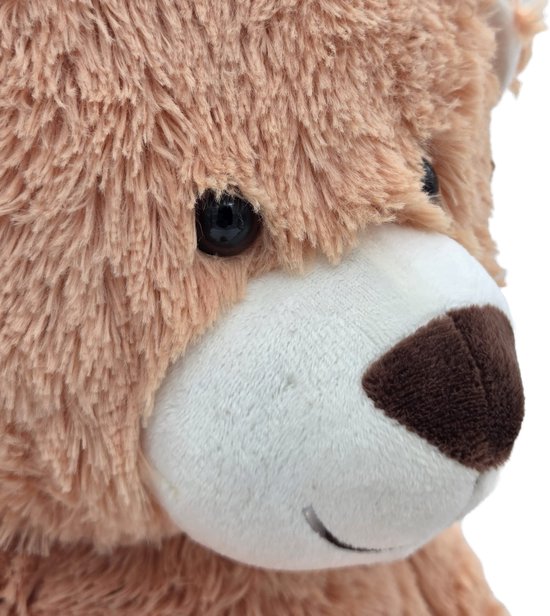 Close-up van een bruine teddybeer met zwarte oogjes, witte snuit en bruine neus.