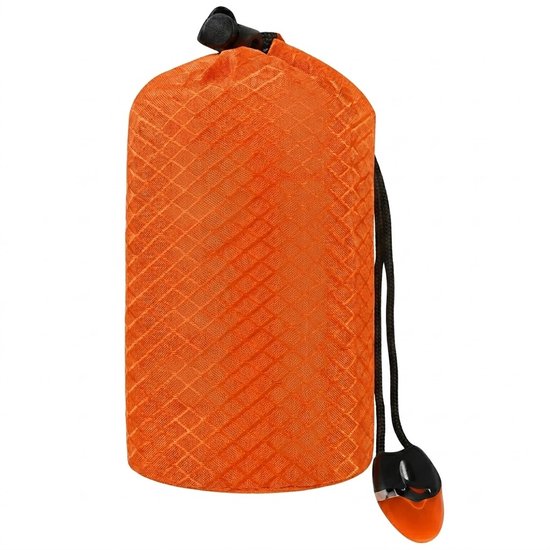 Oranje draagtas van NUVEX met trekkoord en een oranje fluitje-achtige sluiting.