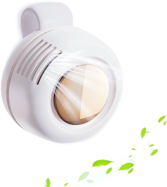 Witte draagbare bladloze mini ventilator USB oplaadbaar lichtgewicht compact met haak voor onderweg