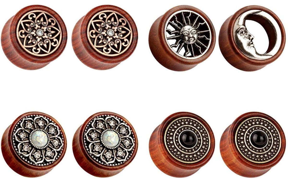 Dailygoods - Dailygoody - Organische Hout Zadel Oordoppen - 8 Stuks - Punk Piercings - Stretching Tunnels - Unisex - Zon en Maan Design
