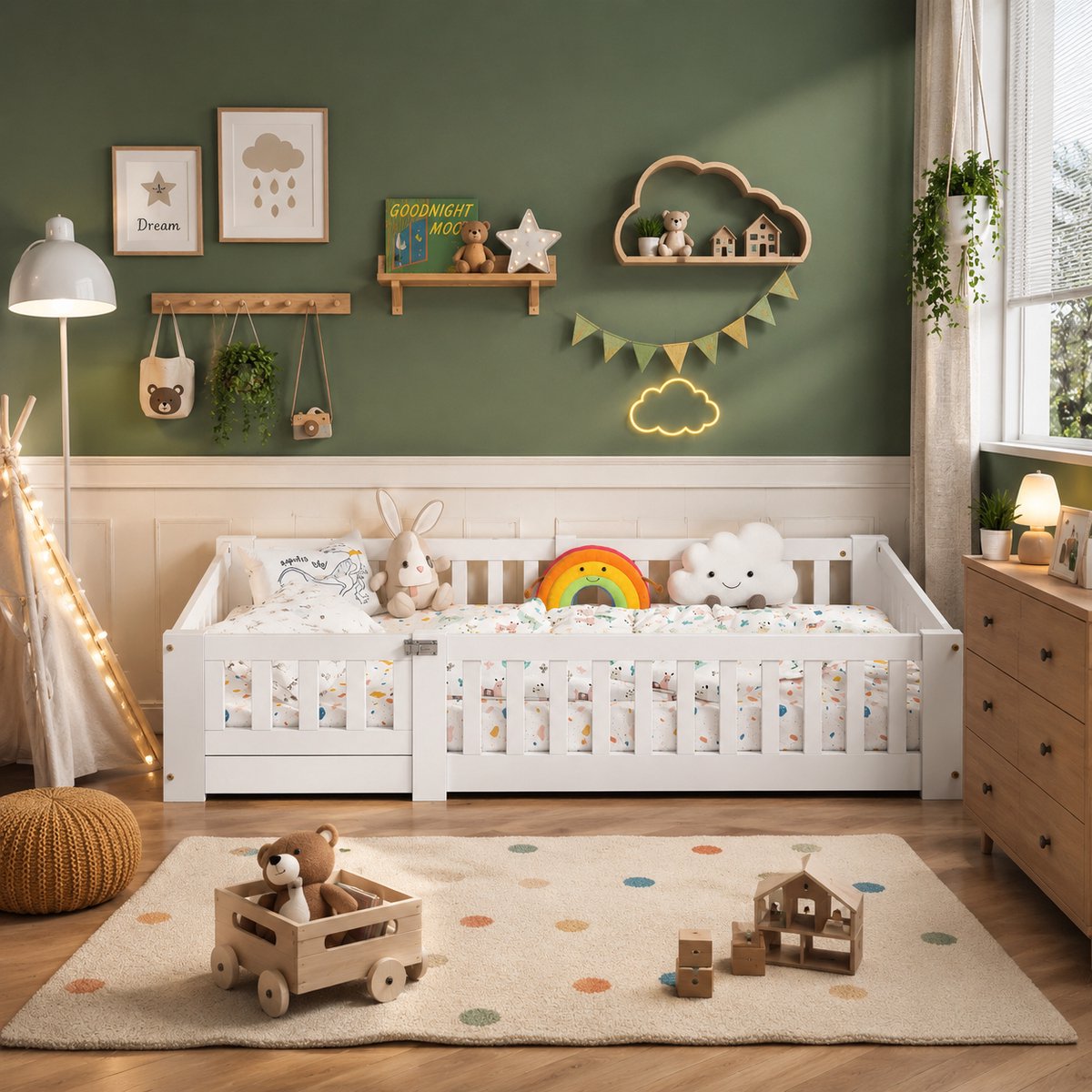 MEXUS Kinderbed - 80x160 cm - vloerbed met lattenbodem en veiligheidshekjes - wit