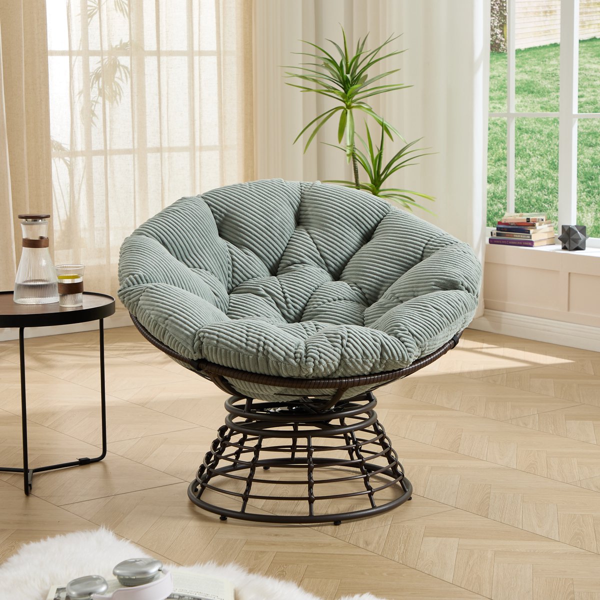 Schommelstoel - Ergonomische Papasan stoel - 360° rotatie - Relaxstoel - Loungestoel - Rotan Relaxstoel - Geschikt voor gebruik binnen en buiten - Groen