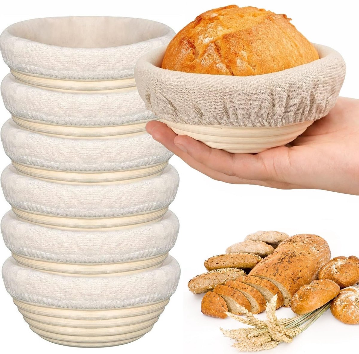 Dailygoods - Dailygoody - Broodbewijzering - Rieten manden set - Handgemaakt - 15.5cm rond - Voor ambachtelijk zuurdesem - Ideaal voor broodliefhebbers - 6 st