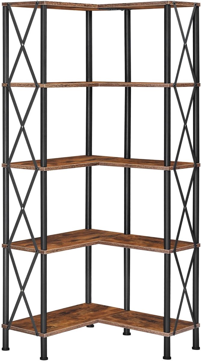 Dailygoods - Dailygoody - Hoekboekenplank - L-vormige boekenkast - Vrijstaand opbergrek - Rustiek bruin en zwart - Industriële displayplank - Geschikt voor woonkam...