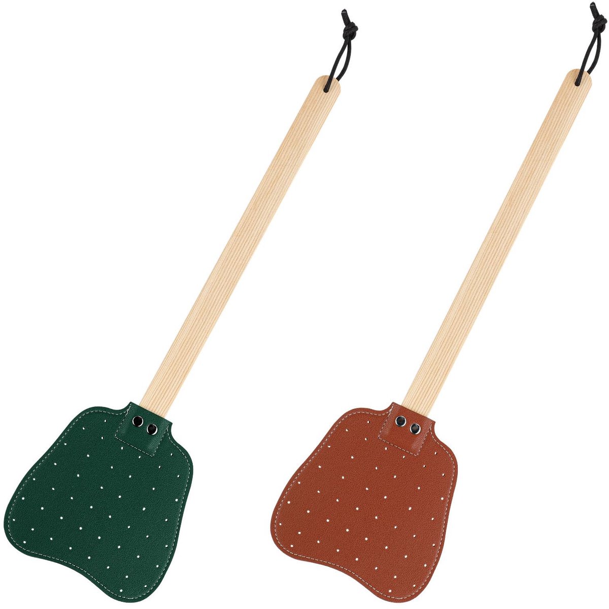 Dailygoods - Dailygoody - Leren Vliegenmeppers - Handmatige Vliegenmepper - Lange Houten Handgreep - Bruin en Donkergroen - Zware Vliegenmepper - Voor Binnen - 2 S..
