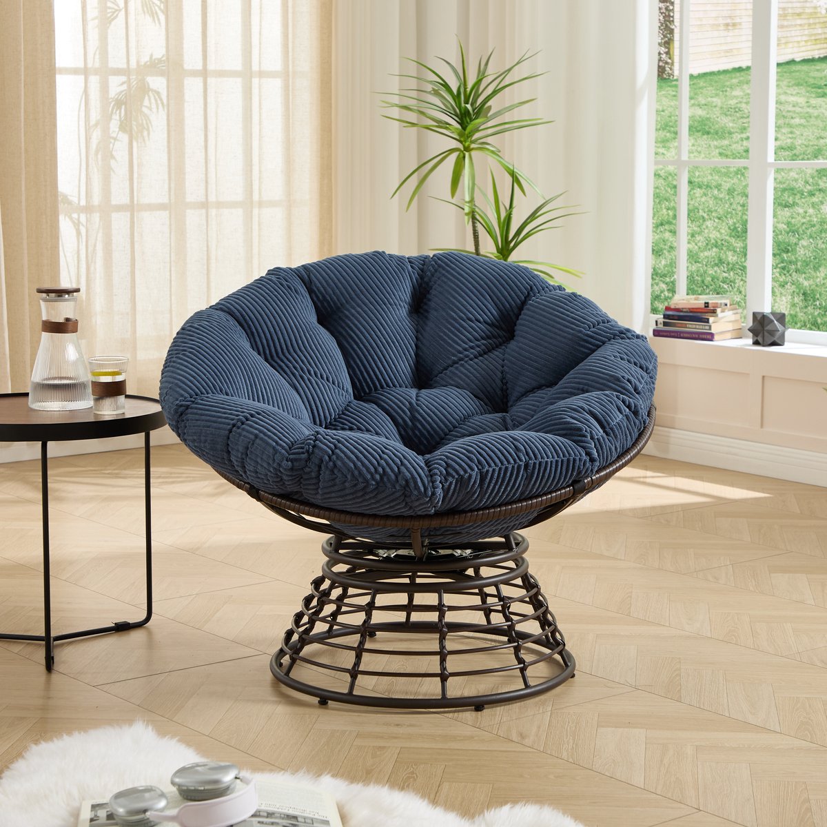 Schommelstoel - Ergonomische Papasan stoel - 360° rotatie - Relaxstoel - Loungestoel - Rotan Relaxstoel - Geschikt voor gebruik binnen en buiten - Marineblauw