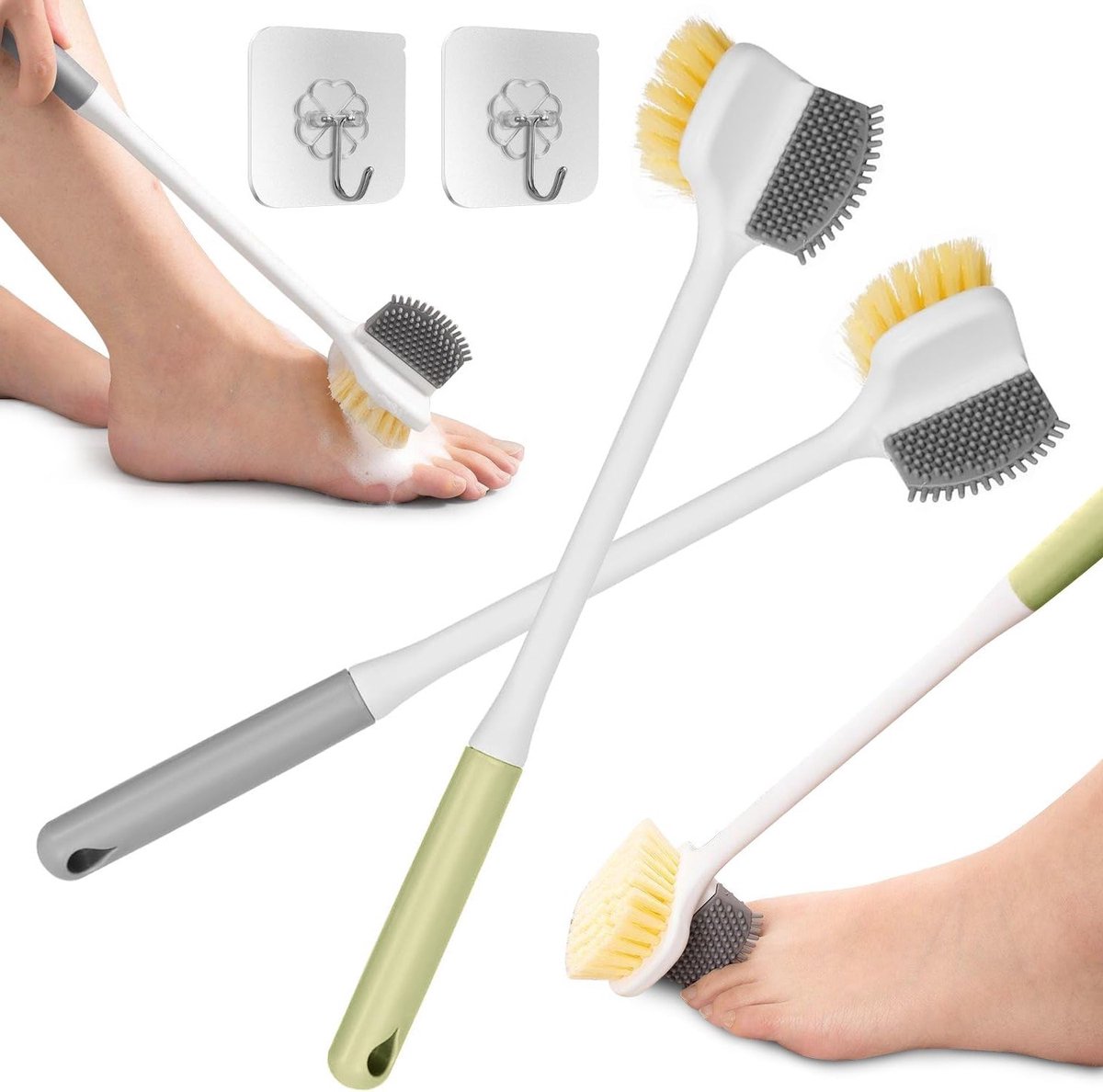 Multifunctionele Voetborstel met Lange Handgreep voor Grondige Voetreiniging en Exfoliatie, Ideaal voor Senioren en Douchegebruik, Grijs en Groen