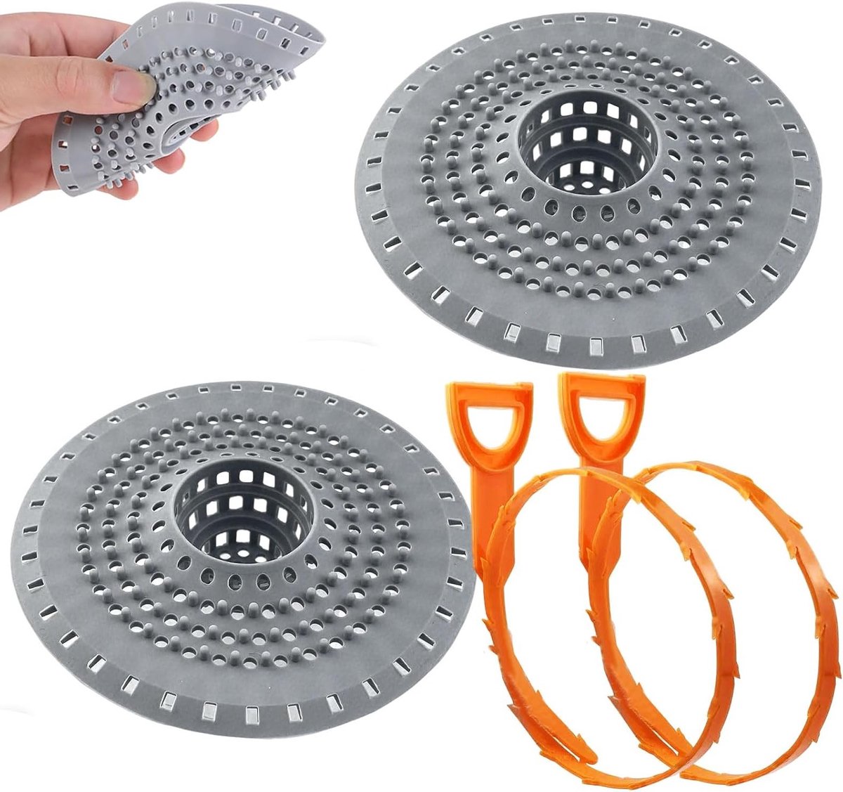 Siliconen Afvoerzeef Set van 2 voor Douche en Keuken - Haarfilter en Afvoerreiniger voor Badkuip en Douche (Grijs, 12.5 x 12.5 cm)