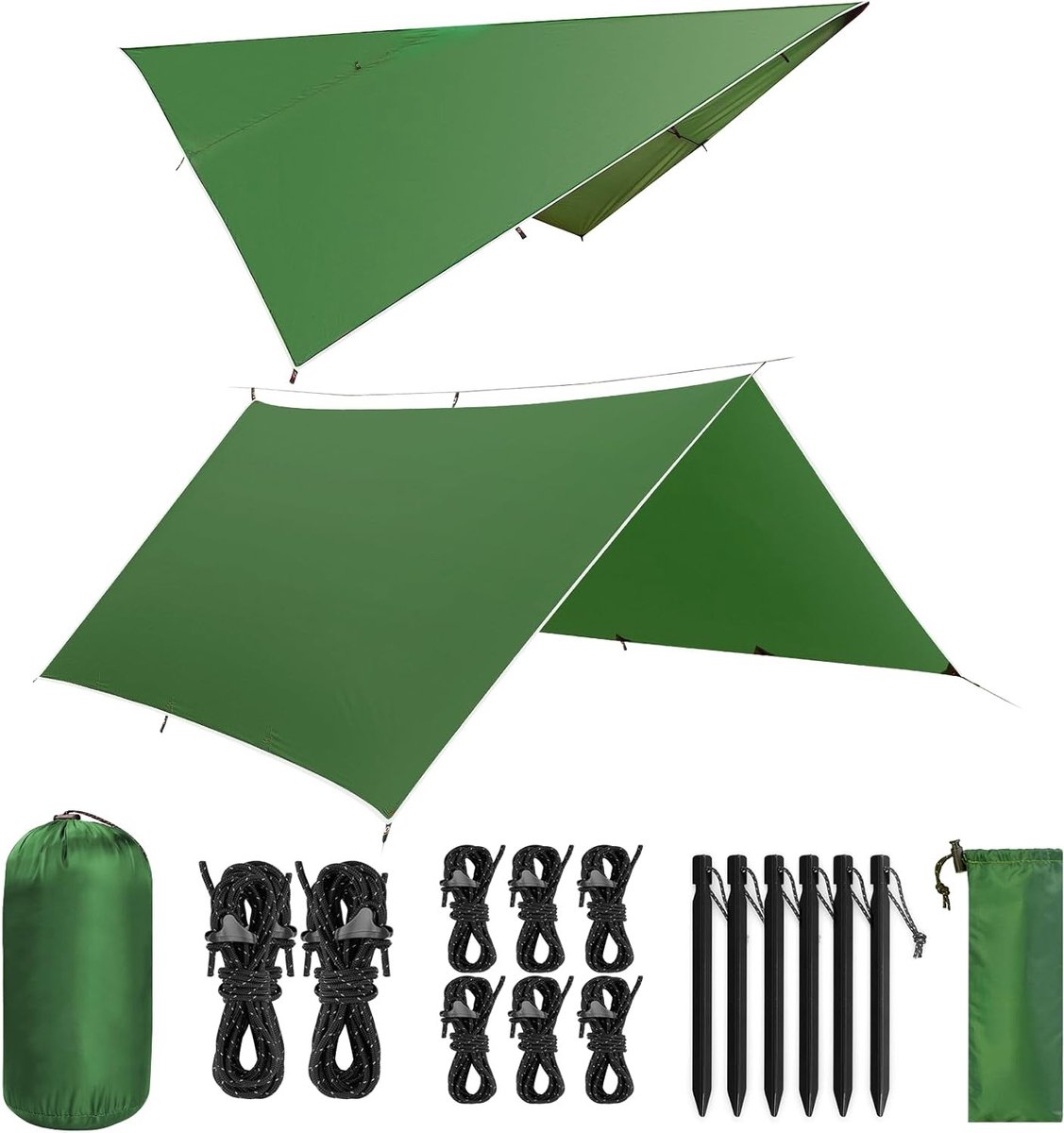Waterdichte Ultralichte Tarp 3 x 3 m voor Camping, Picknick en Bescherming tegen UV, Sneeuw en Regen met 9 Oogjes en 6 Aluminium Pinnen