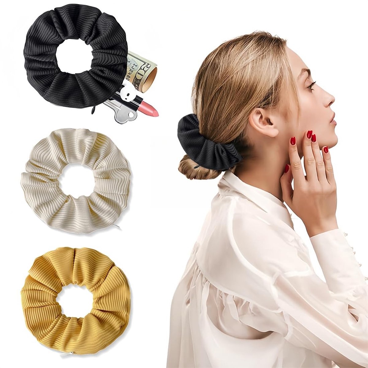 Dailygoods - Set van 3 Haarelastiekjes met Verborgen Ritsvak