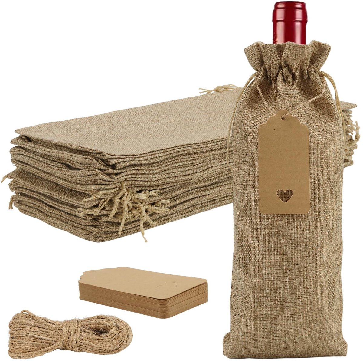 Dailygoods - Set van 30 Jute Wijnzakken met Trekkoord 15 x 35 cm