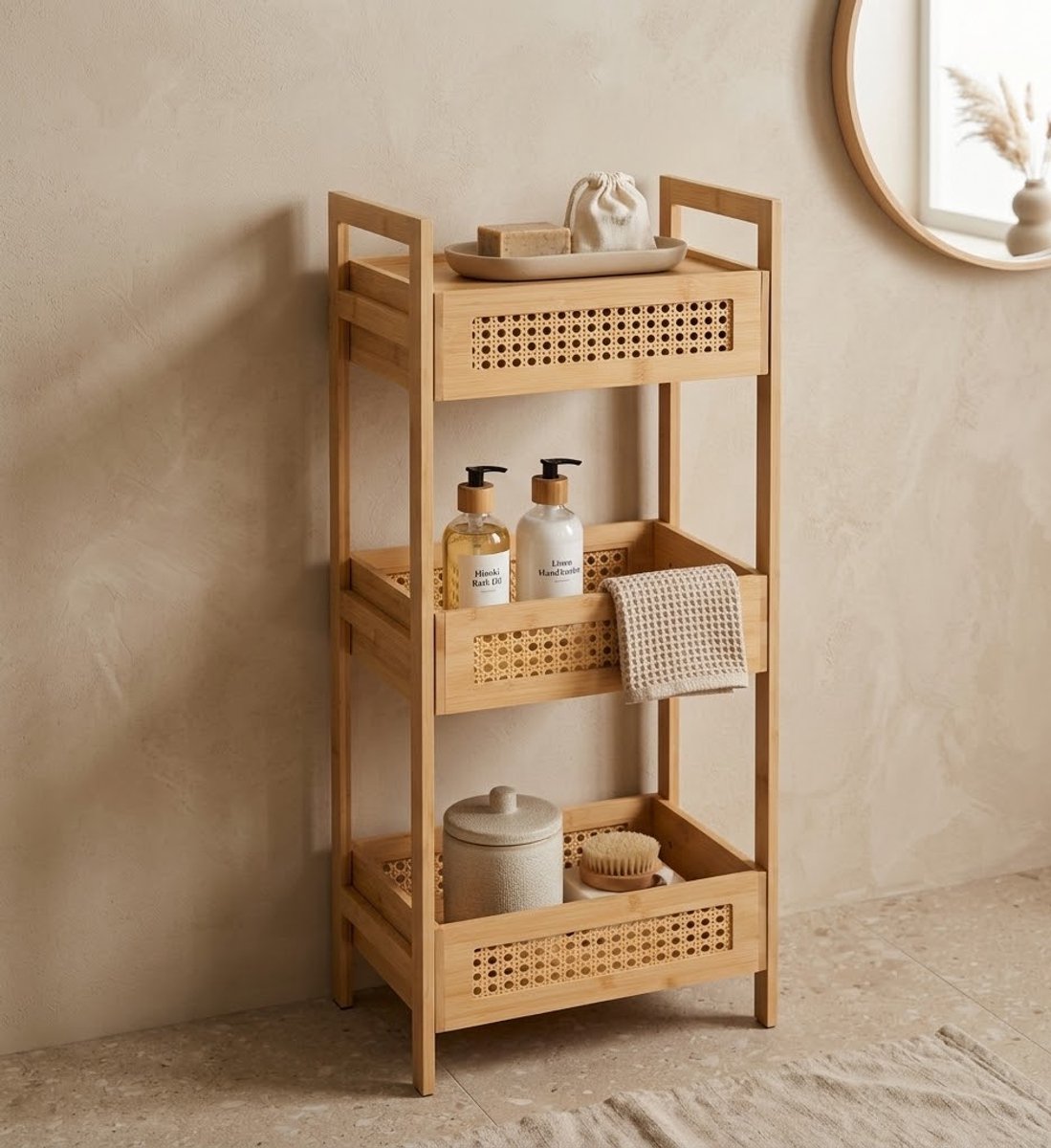 Bamboe Opbergrek 3-Laags - Staand Keukenrek & Badkamerrek - Webbing / Rotan Design - Keuken Organizer & Handdoekenrek - Natuurlijk Japandi