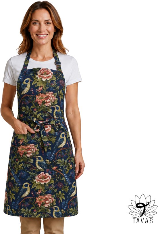 Tablier de cuisine Culinary - Bleu foncé - Jardin d'oiseaux bleus - 60x80 cm - Tablier de cuisine avec poches et ceinture de 86 cm - Horeca - Tablier de cuisine femme - Tablier de cuisine homme