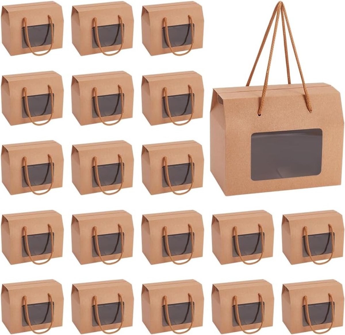 Kraft Papieren Dozen voor Cupcakes en Koekjes met Duidelijk Venster en Handvat - Perfect voor Verpakking, Feesten, Cadeaus en Bruiloften - 20 Stuks 15x9 cm