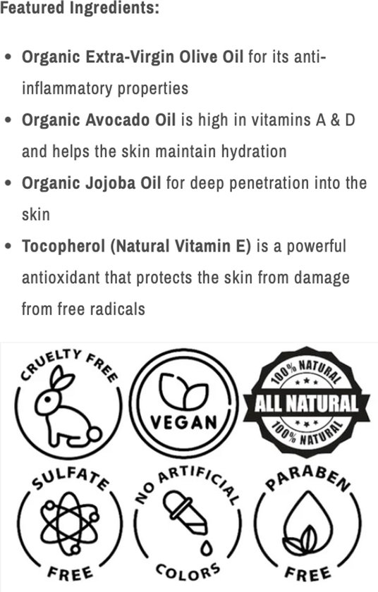 Afbeelding toont 'Featured Ingredients' van Dadi'Oil: olijfolie, avocadoolie, jojobaolie en vitamine E. Bevat ook keurmerken zoals 'Cruelty Free' en 'Vegan'.