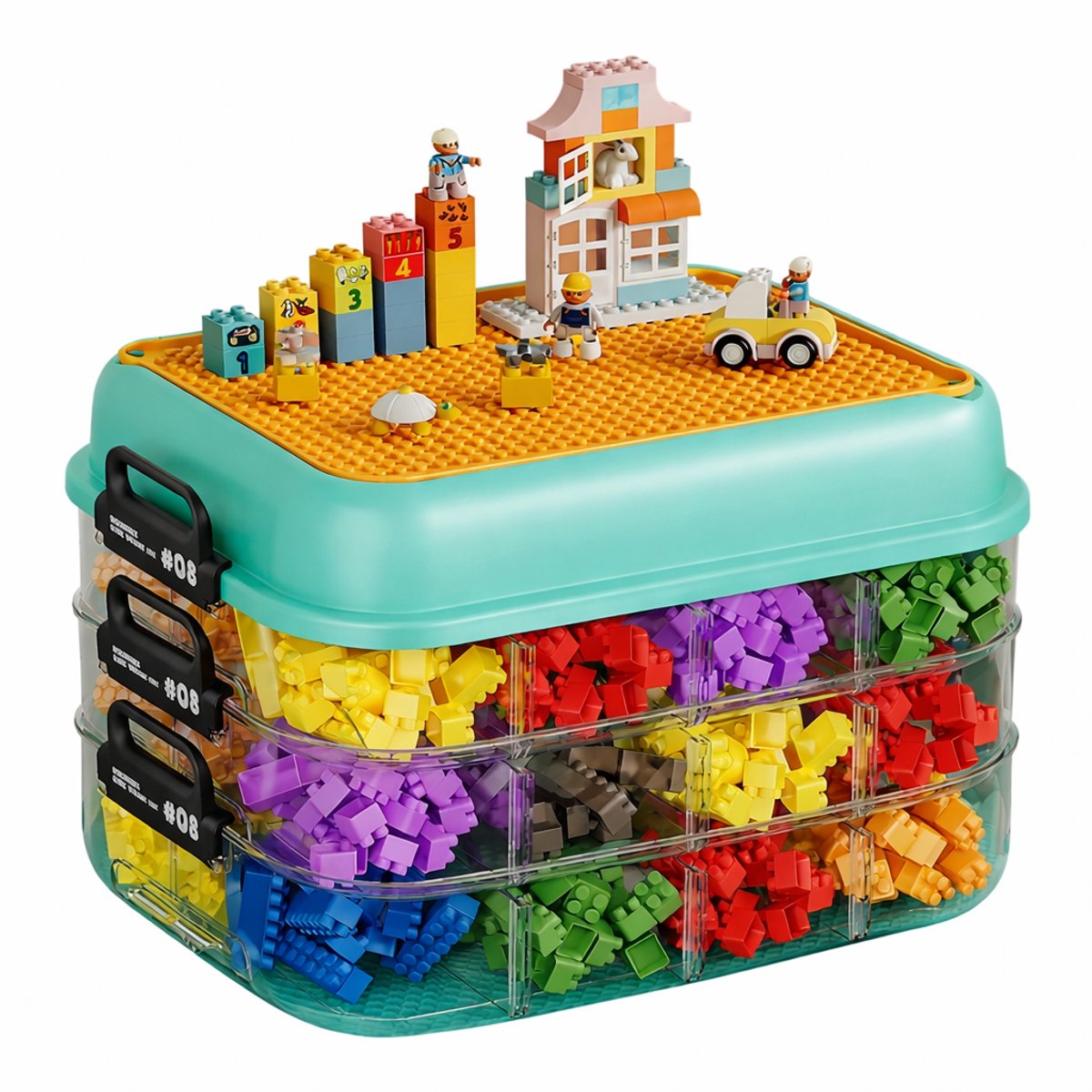 Sterke Stapelbare Opbergbox - 4 lagen - Met bouwplaat - Met onderverdelingen - Opbergdoos bouwstenen o.a. Lego - Opbergbox met bouwplaat - Speelgoedbox - Opberger - Sorteerdozen - Speelgoed Opbergbox - Stapelbaar - Speelgoeddoos - Vakjes