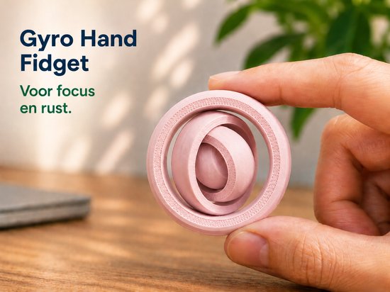 Roze gyro hand fidget, in een hand. Tekst: Gyro Hand Fidget, Voor focus en rust.