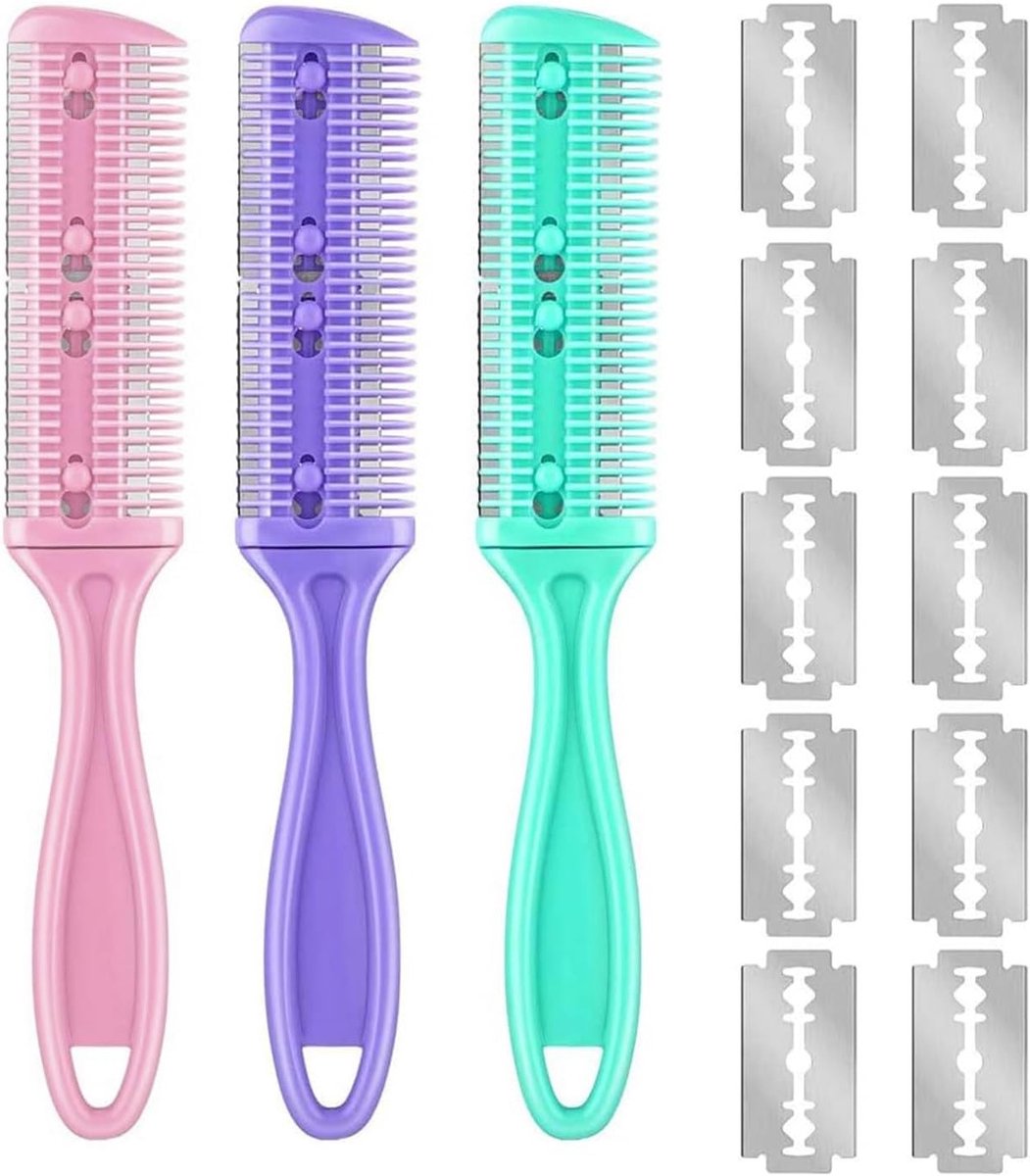Complete Set voor Haarverzorging: 3-delige Kam Kit met Verjongingsmes, Knipkam en Dubbelzijdige Trimmer met 10 Vervangbladen voor Perfecte Haarsnit en Dunning